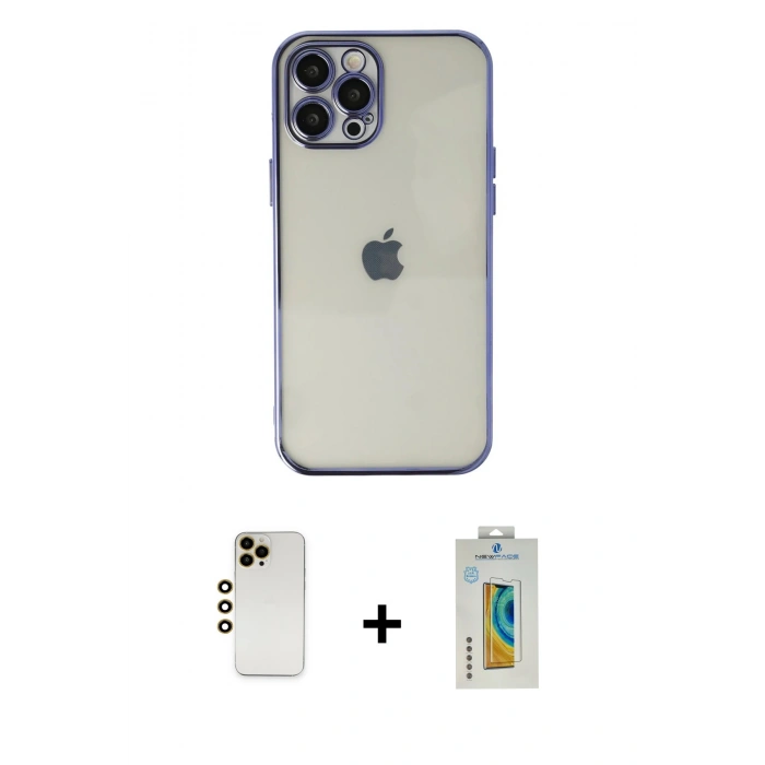 MARSİLYAN™- iPhone 12 Pro Kılıf Vadi Minimal - Siyah Polymer Nano Ekran Koruyucu + Gold Shine Kamera Lens