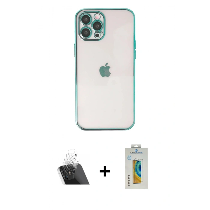 MARSİLYAN™- iPhone 12 Pro Kılıf Vadi Minimal - Siyah Polymer Nano Ekran Koruyucu + Kamera Lens Koruma Cam - SF