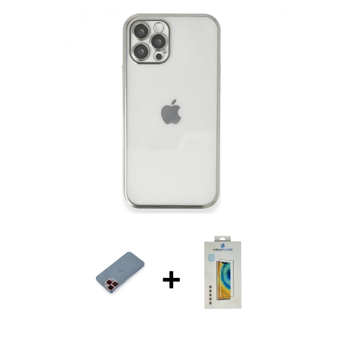 MARSİLYAN™- iPhone 12 Pro Kılıf Vadi Minimal - Siyah Polymer Nano Ekran Koruyucu + Metal Kamera Lens Koruma Cam - KI