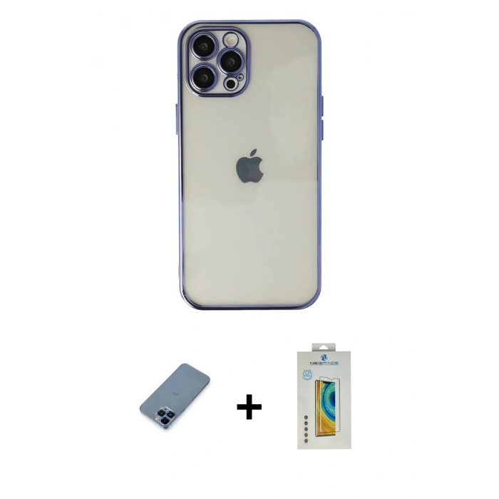 MARSİLYAN™- iPhone 12 Pro Kılıf Vadi Minimal - Siyah Polymer Nano Ekran Koruyucu + Metal Kamera Lens Koruma Cam - MI