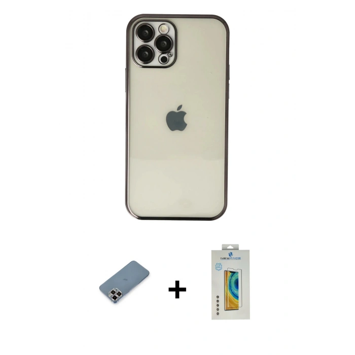 MARSİLYAN™- iPhone 12 Pro Kılıf Vadi Minimal - Siyah Polymer Nano Ekran Koruyucu + Mor Metal Kamera Lens Koruma Cam