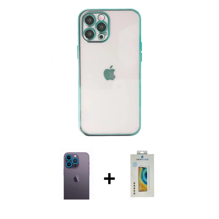 MARSİLYAN™- iPhone 12 Pro Kılıf Vadi Minimal - Siyah Polymer Nano Ekran Koruyucu + Neon Fosforlu Kamera Lens - MI