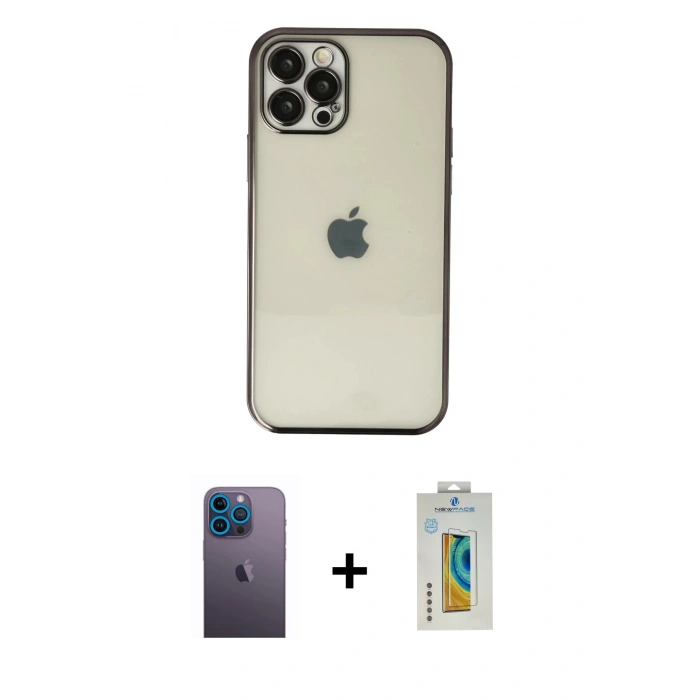 MARSİLYAN™- iPhone 12 Pro Kılıf Vadi Minimal - Siyah Polymer Nano Ekran Koruyucu + Neon Fosforlu Kamera Lens - MI