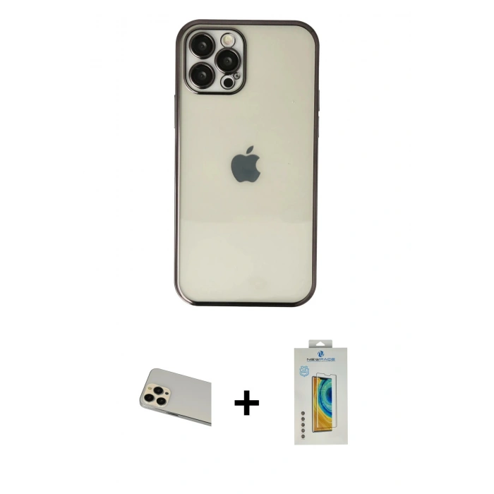 MARSİLYAN™- iPhone 12 Pro Kılıf Vadi Minimal - Siyah Polymer Nano Ekran Koruyucu + Rainbow Kamera Lens Koruma Cam - GD