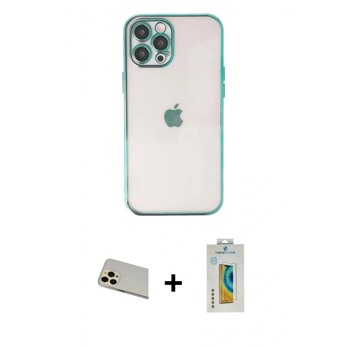 MARSİLYAN™- iPhone 12 Pro Kılıf Vadi Minimal - Siyah Polymer Nano Ekran Koruyucu + Rainbow Kamera Lens Koruma Cam - GD
