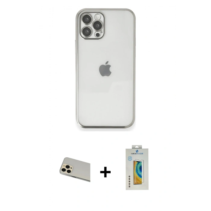 MARSİLYAN™- iPhone 12 Pro Kılıf Vadi Minimal - Siyah Polymer Nano Ekran Koruyucu + Rainbow Kamera Lens Koruma Cam - GD