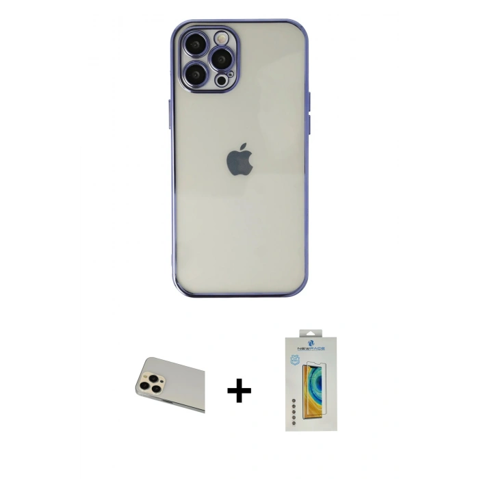 MARSİLYAN™- iPhone 12 Pro Kılıf Vadi Minimal - Siyah Polymer Nano Ekran Koruyucu + Rainbow Kamera Lens Koruma Cam - GD