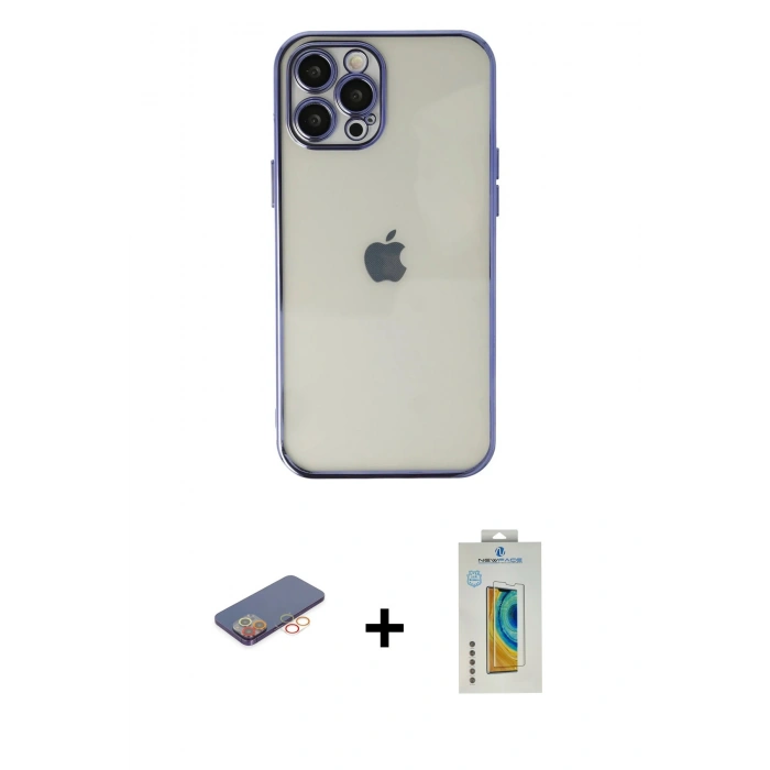 MARSİLYAN™- iPhone 12 Pro Kılıf Vadi Minimal - Siyah Polymer Nano Ekran Koruyucu + Renkli Kamera Lens Koruma Cam - TU