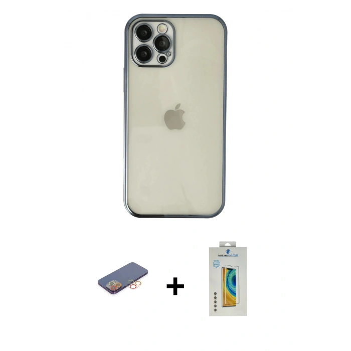MARSİLYAN™- iPhone 12 Pro Kılıf Vadi Minimal - Siyah Polymer Nano Ekran Koruyucu + Renkli Kamera Lens Koruma Cam - TU