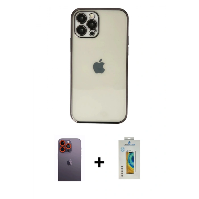 MARSİLYAN™- iPhone 12 Pro Kılıf Vadi Minimal - Siyah Polymer Nano Ekran Koruyucu + Turuncu Neon Fosforlu Kamera Lens