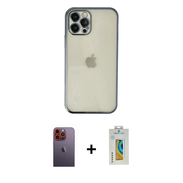 MARSİLYAN™- iPhone 12 Pro Kılıf Vadi Minimal - Siyah Polymer Nano Ekran Koruyucu + Turuncu Neon Fosforlu Kamera Lens