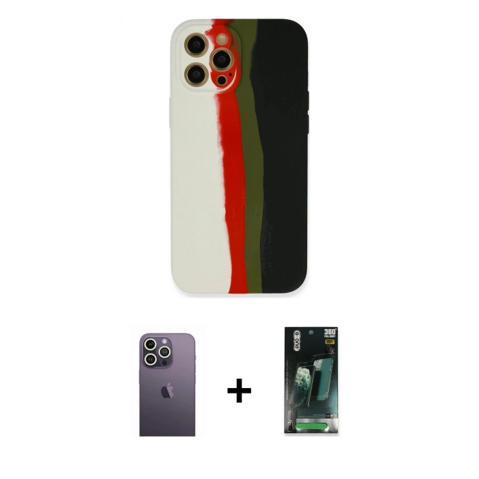 MARSİLYAN™- iPhone 12 Pro Kılıf Yadigar Çizgi - Şeffaf 360 Full Body Arka Koruyucu + Neon Fosforlu Kamera Lens - BZ
