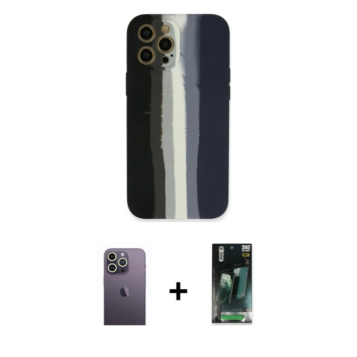 MARSİLYAN™- iPhone 12 Pro Kılıf Yadigar Çizgi - Şeffaf 360 Full Body Arka Koruyucu + Neon Fosforlu Kamera Lens - BZ
