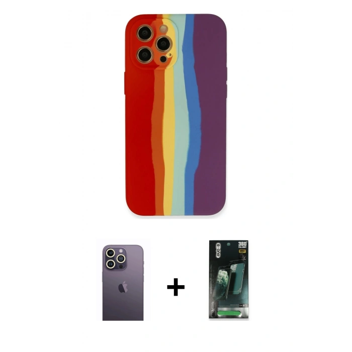 MARSİLYAN™- iPhone 12 Pro Kılıf Yadigar Çizgi - Şeffaf 360 Full Body Arka Koruyucu + Neon Fosforlu Kamera Lens - BZ