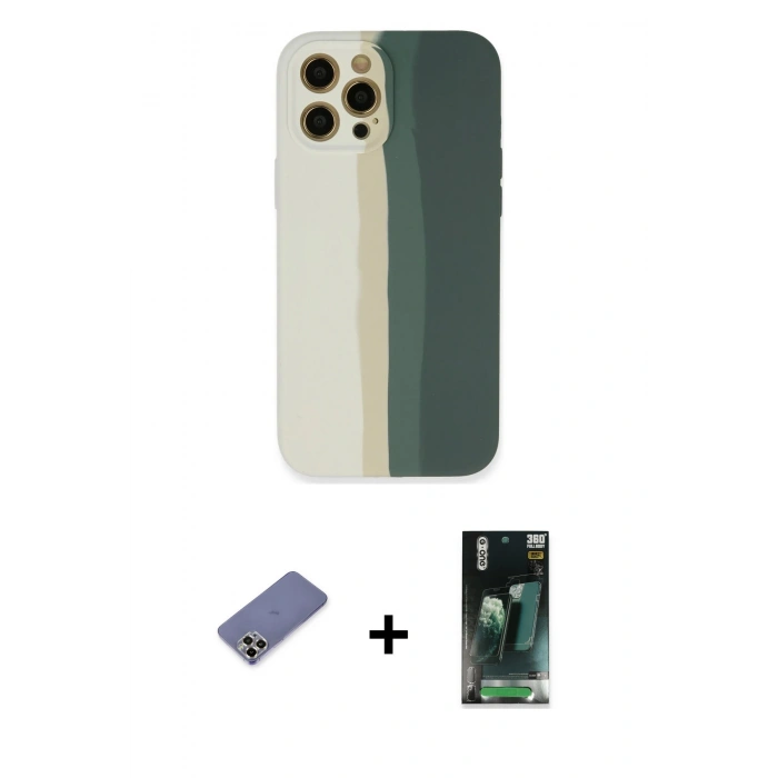 MARSİLYAN™- iPhone 12 Pro Kılıf Yadigar Çizgi - Şeffaf 360 Full Body Arka Koruyucu + Metal Kamera Lens Koruma Cam - GD