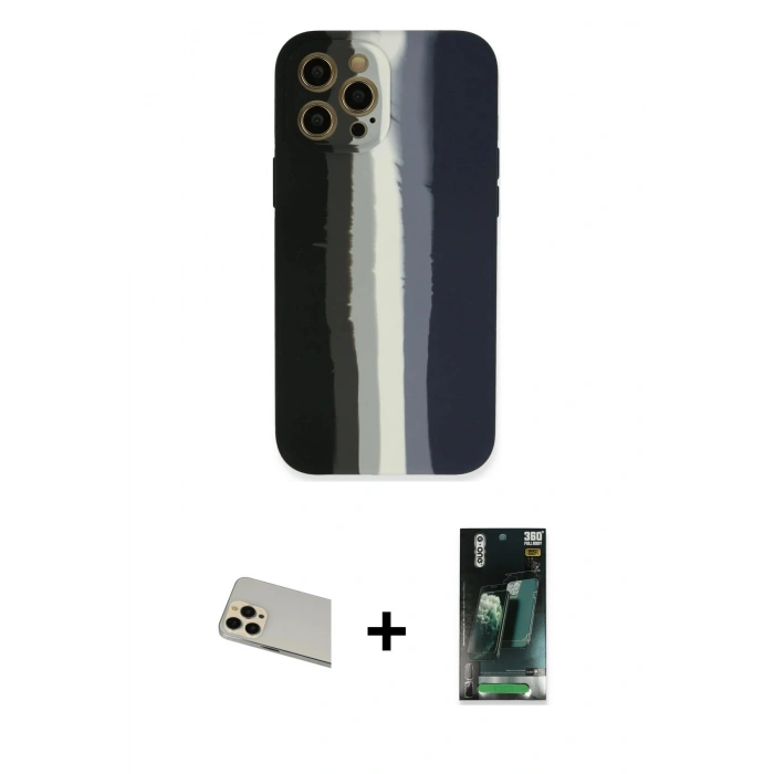 MARSİLYAN™- iPhone 12 Pro Kılıf Yadigar Çizgi - Şeffaf 360 Full Body Arka Koruyucu + Rainbow Kamera Lens Koruma Cam - GD