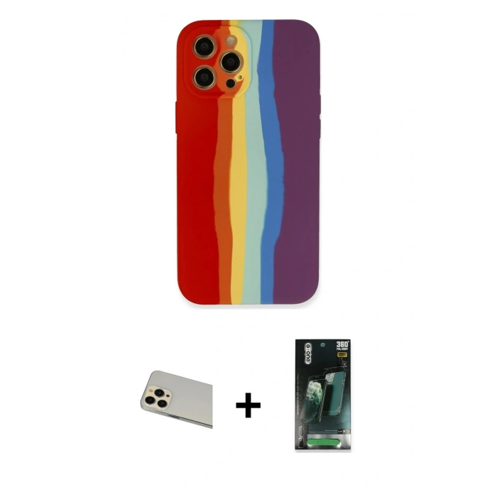 MARSİLYAN™- iPhone 12 Pro Kılıf Yadigar Çizgi - Şeffaf 360 Full Body Arka Koruyucu + Rainbow Kamera Lens Koruma Cam - GD