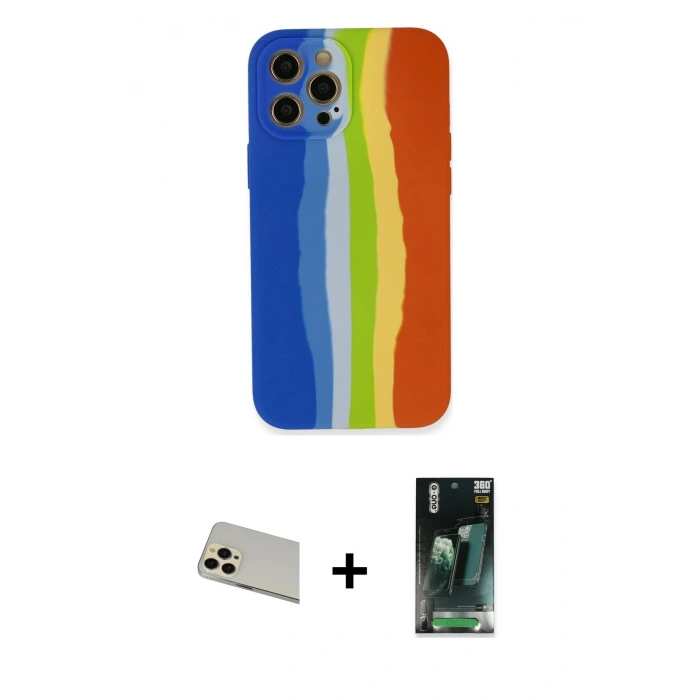 MARSİLYAN™- iPhone 12 Pro Kılıf Yadigar Çizgi - Şeffaf 360 Full Body Arka Koruyucu + Rainbow Kamera Lens Koruma Cam - GD