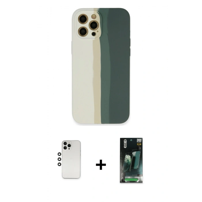 MARSİLYAN™- iPhone 12 Pro Kılıf Yadigar Çizgi - Şeffaf 360 Full Body Arka Koruyucu + Gümüş Shine Kamera Lens