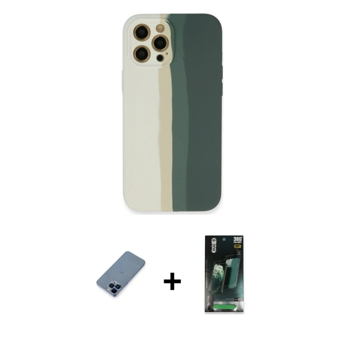 MARSİLYAN™- iPhone 12 Pro Kılıf Yadigar Çizgi - Şeffaf 360 Full Body Arka Koruyucu + Metal Kamera Lens Koruma Cam - MI