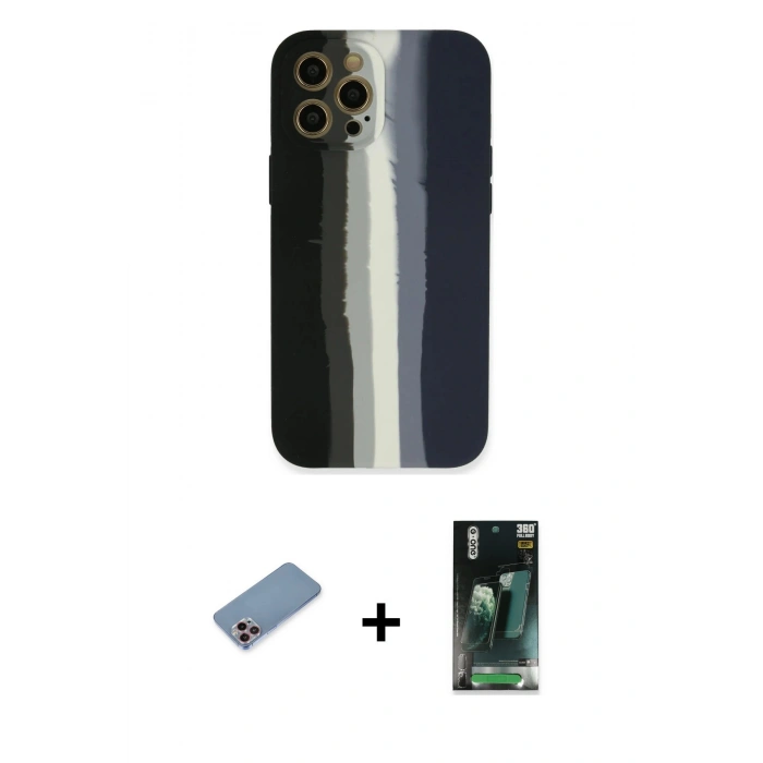 MARSİLYAN™- iPhone 12 Pro Kılıf Yadigar Çizgi - Şeffaf 360 Full Body Arka Koruyucu + Shine Kamera Lens Koruma Cam - PE