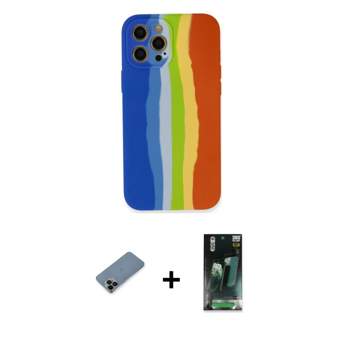 MARSİLYAN™- iPhone 12 Pro Kılıf Yadigar Çizgi - Şeffaf 360 Full Body Arka Koruyucu + Shine Kamera Lens Koruma Cam - SH