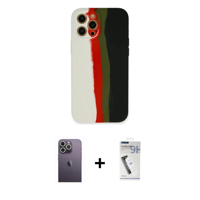MARSİLYAN™- iPhone 12 Pro Kılıf Yadigar Çizgi - Şeffaf Uv Polymer Nano Ekran Koruyucu + Beyaz Neon Fosforlu Kamera Lens