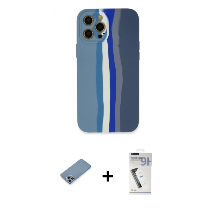 MARSİLYAN™- iPhone 12 Pro Kılıf Yadigar Çizgi - Şeffaf Uv Polymer Nano Ekran Koruyucu + Gökkuşağı Shine Kamera Lens Koruma Cam