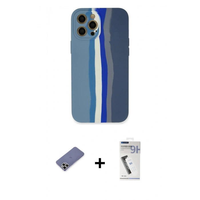 MARSİLYAN™- iPhone 12 Pro Kılıf Yadigar Çizgi - Şeffaf Uv Polymer Nano Ekran Koruyucu + Gold Metal Kamera Lens Koruma Cam