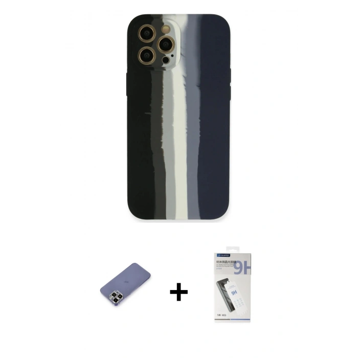 MARSİLYAN™- iPhone 12 Pro Kılıf Yadigar Çizgi - Şeffaf Uv Polymer Nano Ekran Koruyucu + Gold Metal Kamera Lens Koruma Cam
