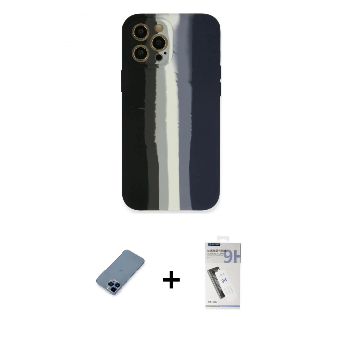 MARSİLYAN™- iPhone 12 Pro Kılıf Yadigar Çizgi - Şeffaf Uv Polymer Nano Ekran Koruyucu + Mavi Metal Kamera Lens Koruma Cam