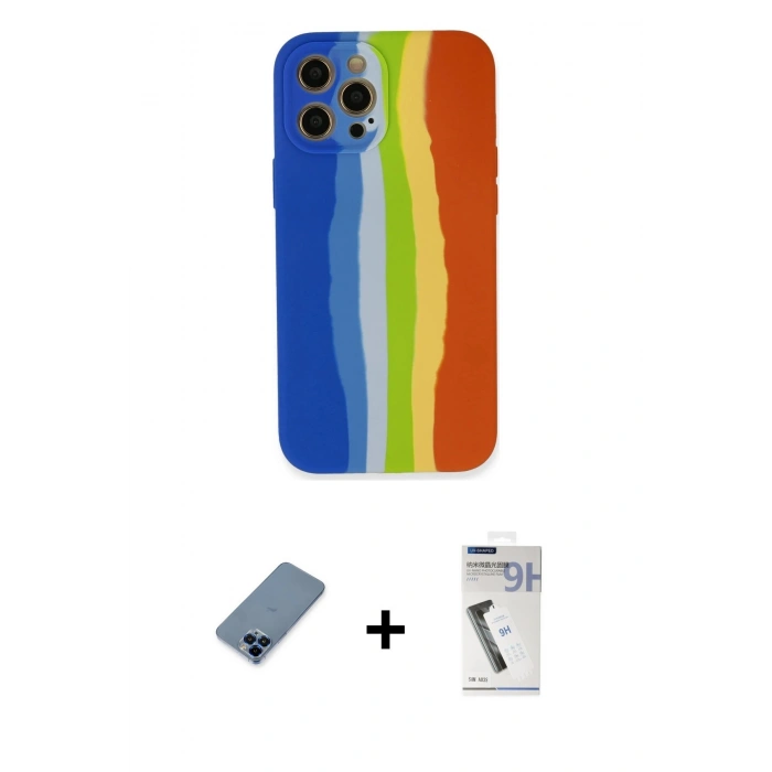 MARSİLYAN™- iPhone 12 Pro Kılıf Yadigar Çizgi - Şeffaf Uv Polymer Nano Ekran Koruyucu + Mavi Metal Kamera Lens Koruma Cam