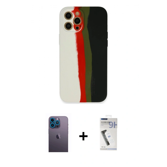 MARSİLYAN™- iPhone 12 Pro Kılıf Yadigar Çizgi - Şeffaf Uv Polymer Nano Ekran Koruyucu + Mavi Neon Fosforlu Kamera Lens