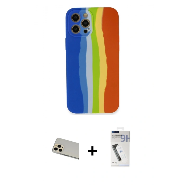 MARSİLYAN™- iPhone 12 Pro Kılıf Yadigar Çizgi - Şeffaf Uv Polymer Nano Ekran Koruyucu + Rainbow Kamera Lens Koruma Cam - GD
