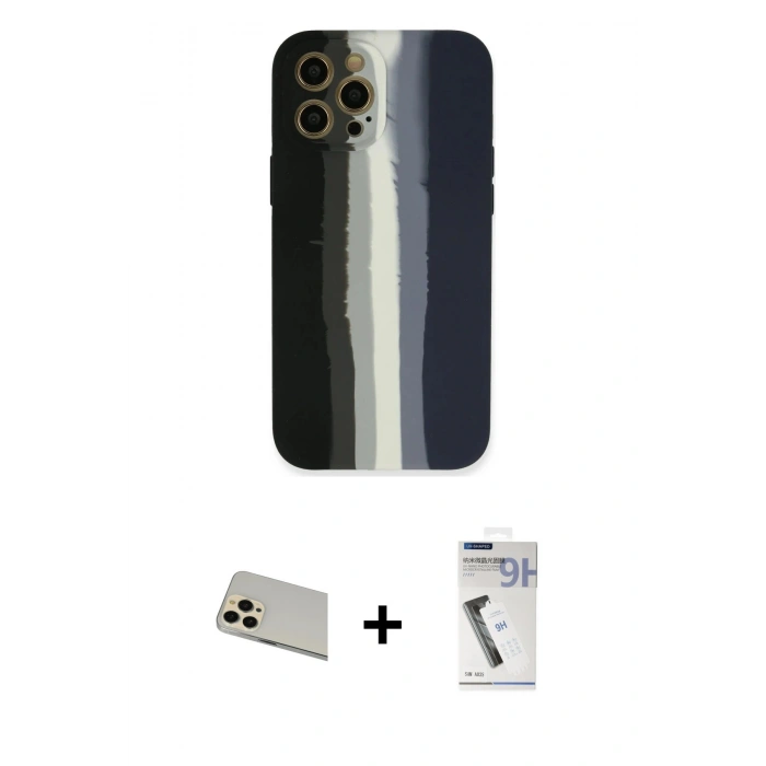 MARSİLYAN™- iPhone 12 Pro Kılıf Yadigar Çizgi - Şeffaf Uv Polymer Nano Ekran Koruyucu + Rainbow Kamera Lens Koruma Cam - GD