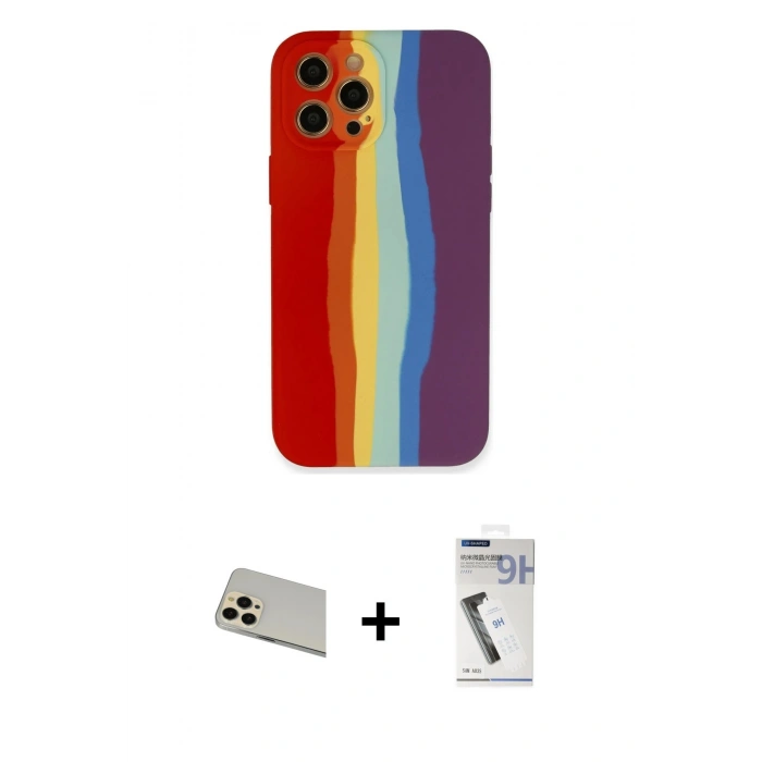 MARSİLYAN™- iPhone 12 Pro Kılıf Yadigar Çizgi - Şeffaf Uv Polymer Nano Ekran Koruyucu + Rainbow Kamera Lens Koruma Cam - GD