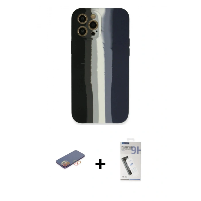 MARSİLYAN™- iPhone 12 Pro Kılıf Yadigar Çizgi - Şeffaf Uv Polymer Nano Ekran Koruyucu + Renkli Kamera Lens Koruma Cam - TU