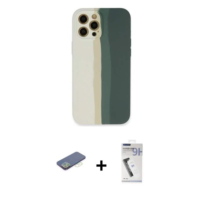 MARSİLYAN™- iPhone 12 Pro Kılıf Yadigar Çizgi - Şeffaf Uv Polymer Nano Ekran Koruyucu + Yeşil Renkli Kamera Lens Koruma Cam