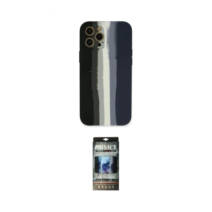 MARSİLYAN™- iPhone 12 Pro Kılıf Yadigar Çizgi - Siyah 34D Hayalet Izgaralı Cam