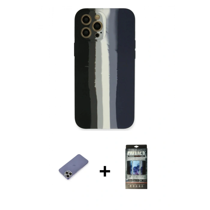 MARSİLYAN™- iPhone 12 Pro Kılıf Yadigar Çizgi - Siyah 34D Hayalet Izgaralı Cam + Metal Kamera Lens Koruma Cam - GD
