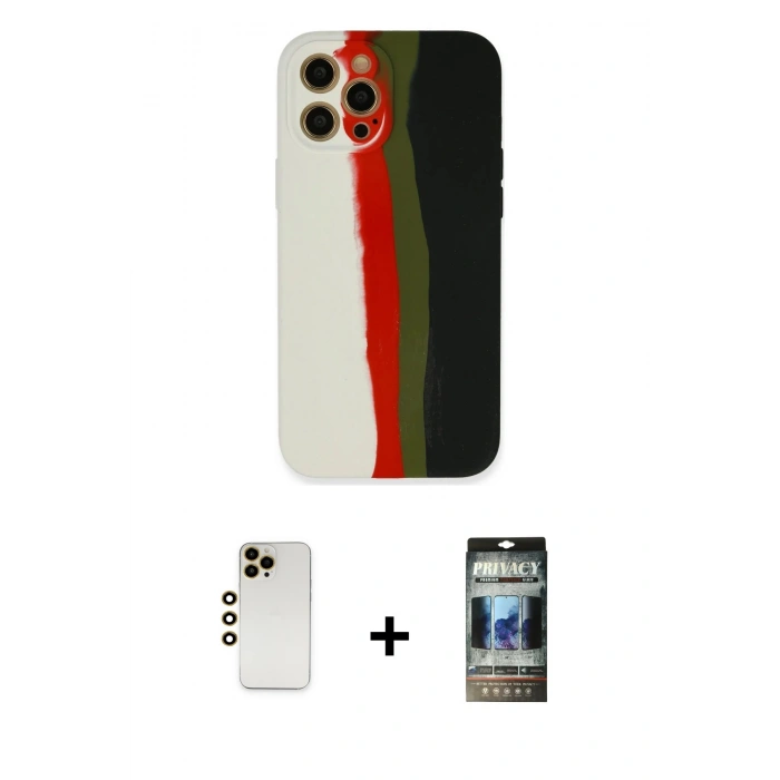 MARSİLYAN™- iPhone 12 Pro Kılıf Yadigar Çizgi - Siyah 34D Hayalet Izgaralı Cam + Shine Kamera Lens - GD