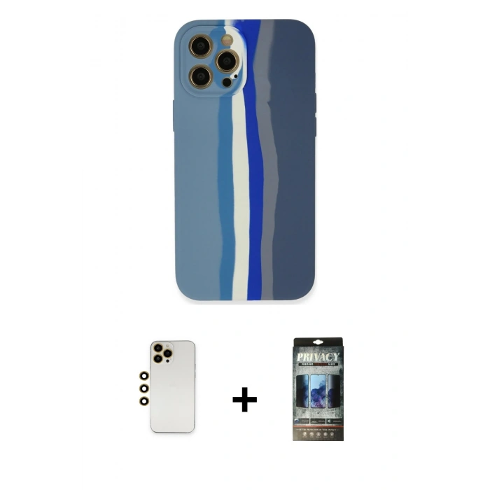 MARSİLYAN™- iPhone 12 Pro Kılıf Yadigar Çizgi - Siyah 34D Hayalet Izgaralı Cam + Shine Kamera Lens - GD