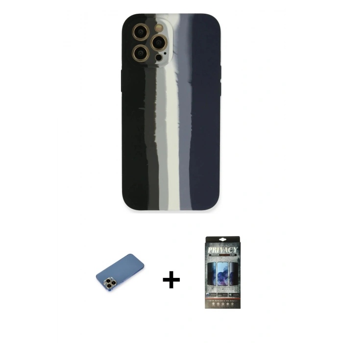 MARSİLYAN™- iPhone 12 Pro Kılıf Yadigar Çizgi - Siyah 34D Hayalet Izgaralı Cam + Shine Kamera Lens Koruma Cam - GD