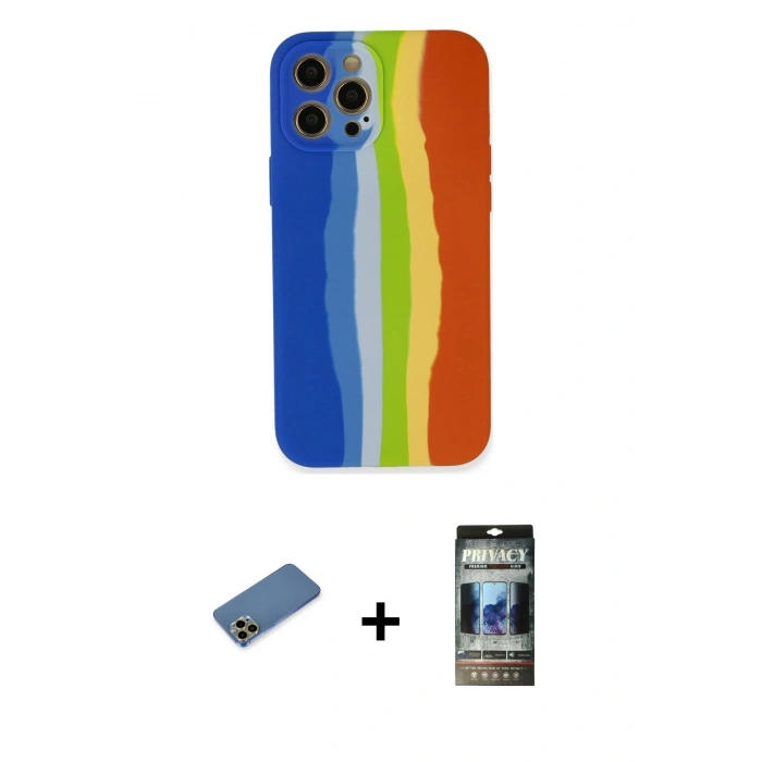 MARSİLYAN™- iPhone 12 Pro Kılıf Yadigar Çizgi - Siyah 34D Hayalet Izgaralı Cam + Shine Kamera Lens Koruma Cam - GD