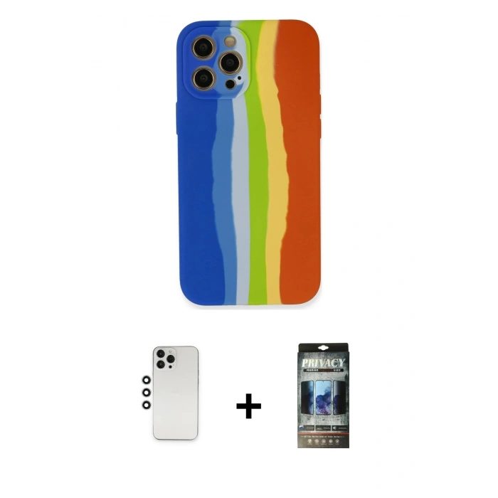 MARSİLYAN™- iPhone 12 Pro Kılıf Yadigar Çizgi - Siyah 34D Hayalet Izgaralı Cam + Shine Kamera Lens - GS