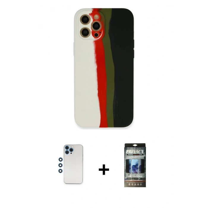 MARSİLYAN™- iPhone 12 Pro Kılıf Yadigar Çizgi - Siyah 34D Hayalet Izgaralı Cam + Shine Kamera Lens - MI