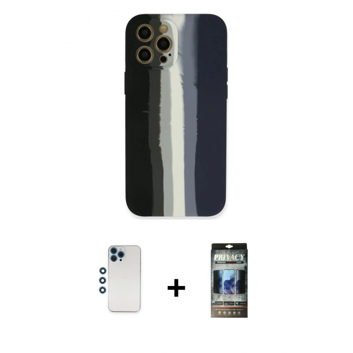 MARSİLYAN™- iPhone 12 Pro Kılıf Yadigar Çizgi - Siyah 34D Hayalet Izgaralı Cam + Shine Kamera Lens - MI