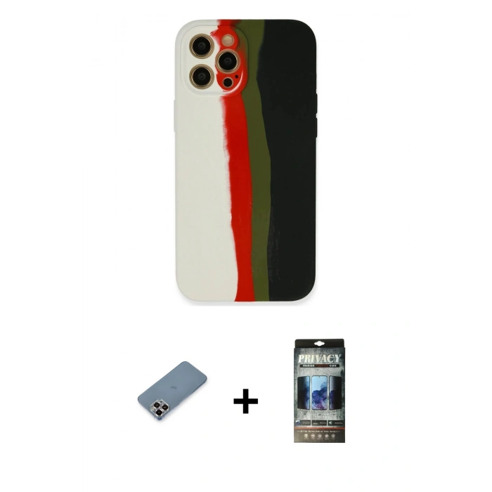 MARSİLYAN™- iPhone 12 Pro Kılıf Yadigar Çizgi - Siyah 34D Hayalet Izgaralı Cam + Mor Metal Kamera Lens Koruma Cam