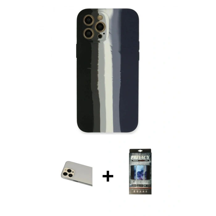 MARSİLYAN™- iPhone 12 Pro Kılıf Yadigar Çizgi - Siyah 34D Hayalet Izgaralı Cam + Rainbow Kamera Lens Koruma Cam - GD