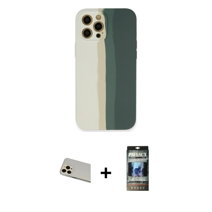 MARSİLYAN™- iPhone 12 Pro Kılıf Yadigar Çizgi - Siyah 34D Hayalet Izgaralı Cam + Rainbow Kamera Lens Koruma Cam - GD